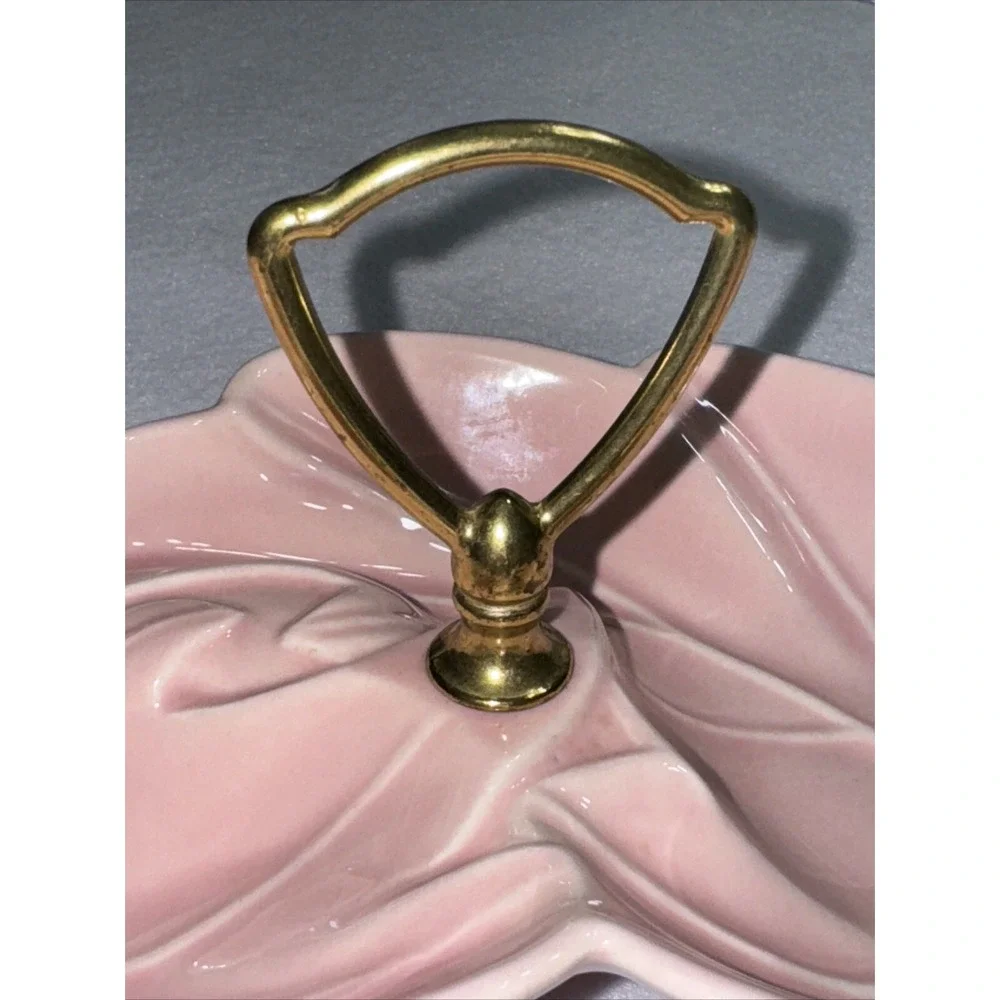 Vtg MCM USA Pottery Divided Sectioned BlushLeaf Ceramic Candy Dish Handle No 100